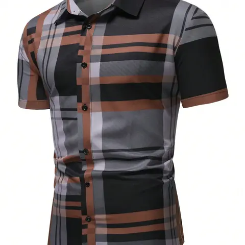 Men's Plaid Print Button Front Shirt, Spring Summer Short Sleeve Collared Top, Fashionable Fitted Casual Wear, Business Style Woven Fabric, Menswear Checked, Plaid Shirts