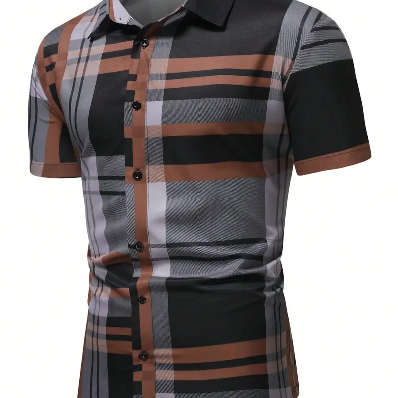 Men's Plaid Print Button Front Shirt, Spring Summer Short Sleeve Collared Top, Fashionable Fitted Casual Wear, Business Style Woven Fabric, Menswear Checked, Plaid Shirts