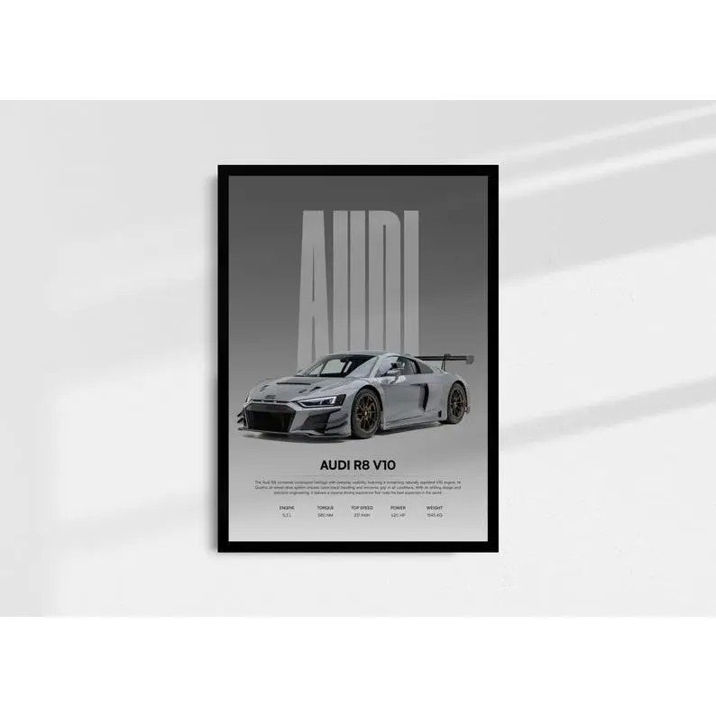 Gray Audi R8 Car Poster – Minimal Supercar Wall Art Print, Product without frame