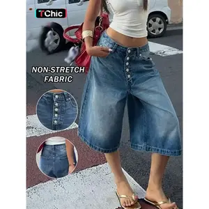 New fashionable women's straight leg wide leg classic Bermuda denim shorts with multi button design and comfortable washing processRAIMENTRY