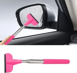 Car Rearview Mirror Wiper, Retractable Car Side Mirror Squeegee with Telescopic Long Handle, Mini Portable Automotive Window Cleaner Tool for Rainy Foggy Weather, Universal Car Accessories (Pink)