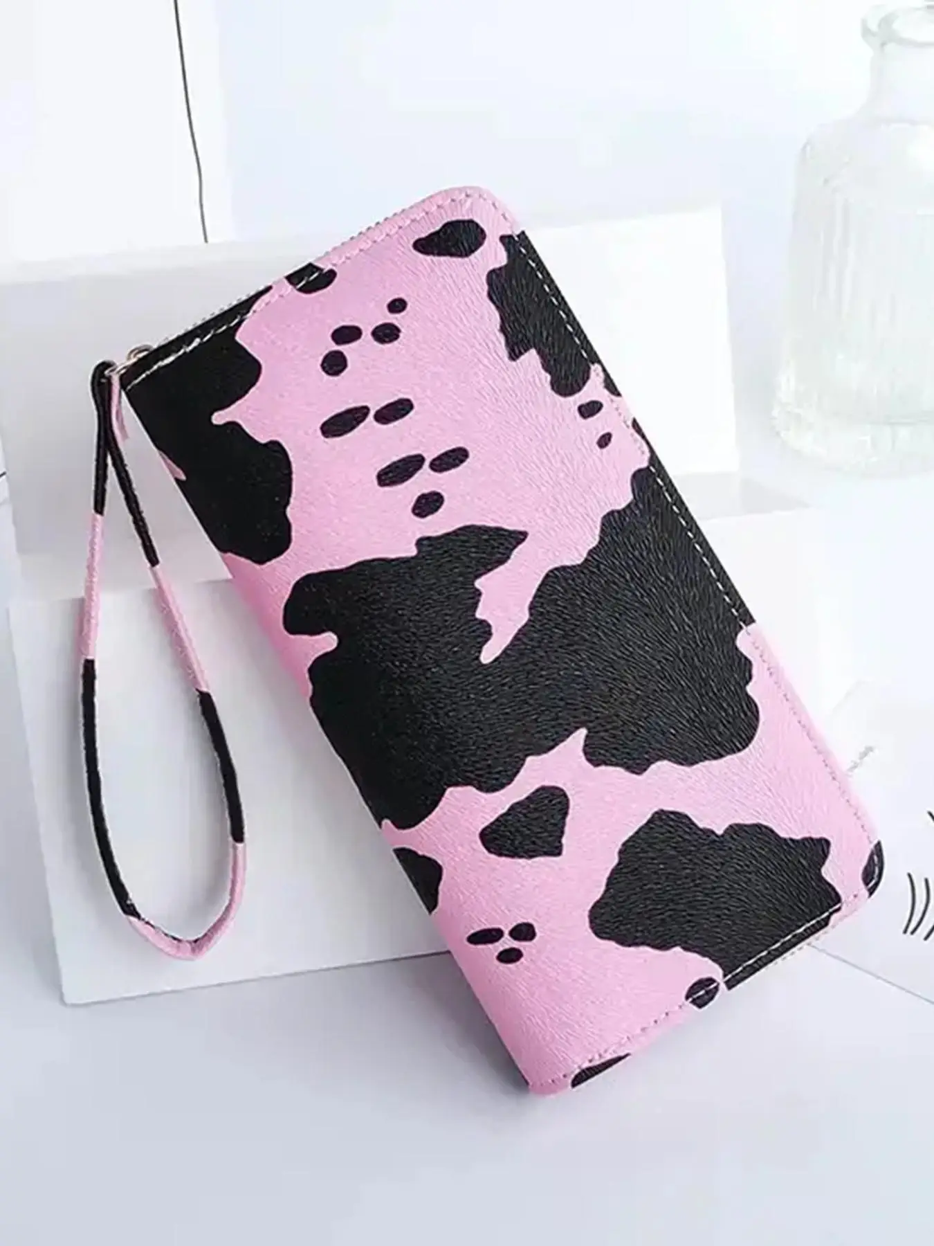 Women's 1 Piece Y2k Style Casual Cow Print Long Wallet, Fashionable Colorblock Zipper Wristlet Clutche Purse, Female Trendy Coin Purse for Daily Used,