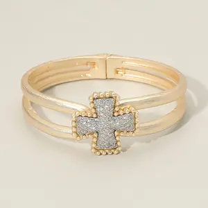 CZ Stone Paved Bubble Rim Cross Accent Hinged Bangle Bracelet for Everyday Wear & Special Events
