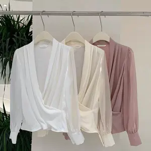 Blush Pink Sheer-Sleeve Wrap Blouse - Romantic & Refined Elegance, Soft Fabric, Lightweight, Flattering Wrap Design, Versatile Style for Casual & Dressy Occasions - Womenswear, Feminine, Top, Love, Elegant, Shirts