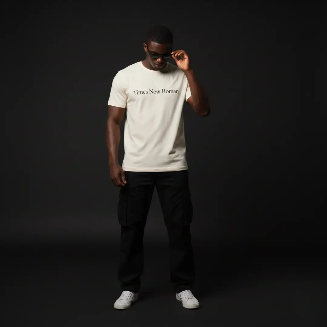 Embroidered Times New Roman T-shirt | Fitted Crew Neck Short Sleeve Tee, Minimal Font Design, 100% Ring-spun Cotton, Summer Casual Wear