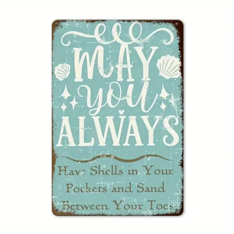 Vintage Distressed Casual Decorative Metal Tin Sign - Retro Mint Blue Beach Quote Iron Wall Decor with Aged Rust Border, Seashell Design Plaque for Coastal Nautical Lake Houses, Gift for Women Beach Lovers