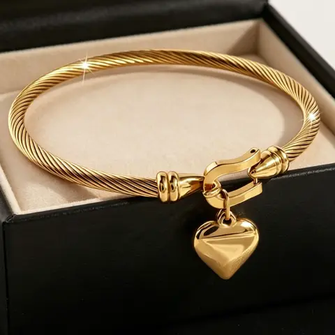 Gold Tone Stainless Steel Heart Pendant Bracelet for Men and Women