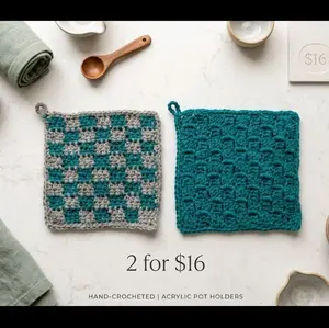 Hand-Crocheted Acrylic Pot Holders - 2 for $16 - Teal & Gray Checkerboard Design - Perfect for Kitchen Use
