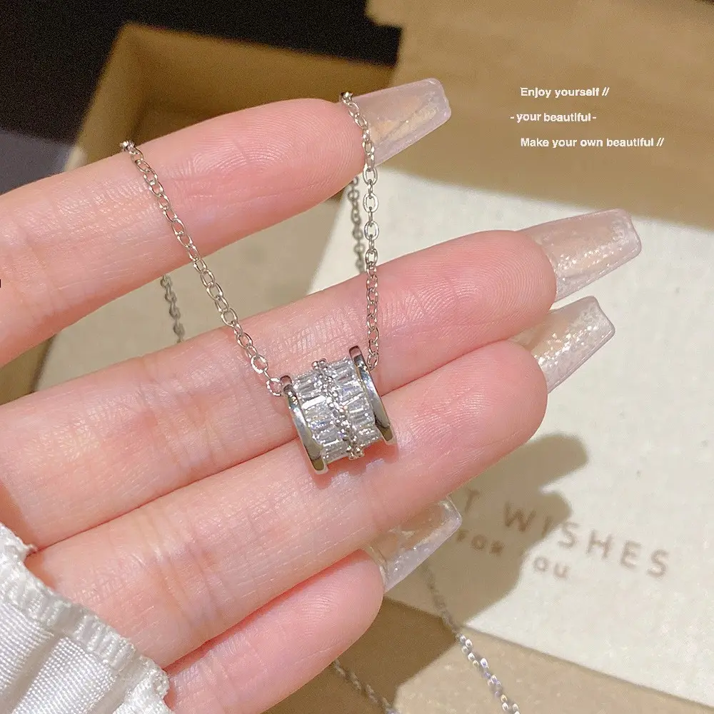 Y2K Silver Spinning Cylinder Necklace for Women Baguette CZ Barrel Pendant Choker Aesthetic Coquette Layering Chain Jewelry Gift for Her