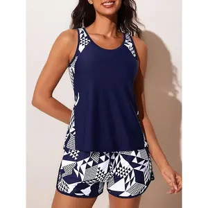 Women's Tankini Suit Casual, Flesh-covering, Boxy-angle Tankini Suit, with Abstract Triangle All Over Print, Loose Fit to Modify Body Lines,spring glow,tankini swimwear,chic design,mesh top,sport bra