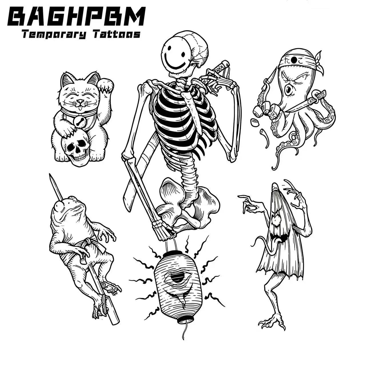 BAGHPBM Herbal-Themed "Night Parade of 100 Demons" Patchwork Sleeve Temporary Tattoo Sticker Sheet - 1 Sheets H070, Paper Base, Waterproof, All Skin Compatible, None-Irritating, for Men/Women Youth, Unique Design