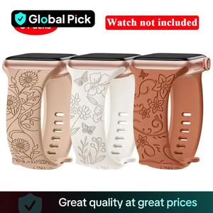 flower pattern silicone watch band (band only), 3 counts breathable silicone wristband, solid color replacement sports watch band for iwatch, fashion wearable accessories for women, fun summer gift, smartwatch, wearable devices