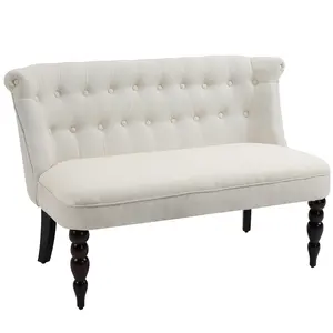 Cream White Upholstered Armless Fabric Loveseat - Button Tufted Design, Wood Legs for Living Room (Indoor Furniture)