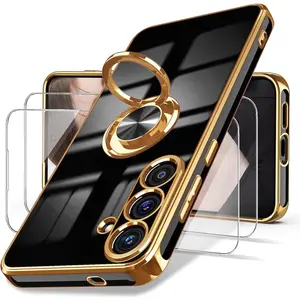Dretal for Samsung Galaxy S25 FE 5G Case, Screen Protector, 360° Rotatable Ring Holder Magnetic Kickstand,Plated Gold Edge Slim Soft TPU Protective Phone Case Cover for Galaxy S25 FE (Black)
