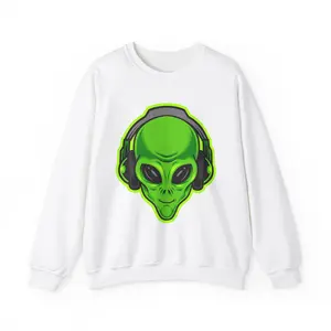 Alien Headphones Sweatshirt, Extraterrestrial Music Lover Crewneck, Space DJ Pullover, Galaxy Hipster Jumper, Astronomy Graphic Sweater, UFO