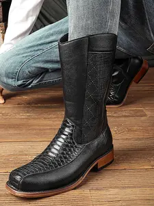 Men's PU Leather Boots, Fall & Winter New Classic European Style Long Booties, Fashionable Square Toe Rubber Cowboy Shoes for Men
