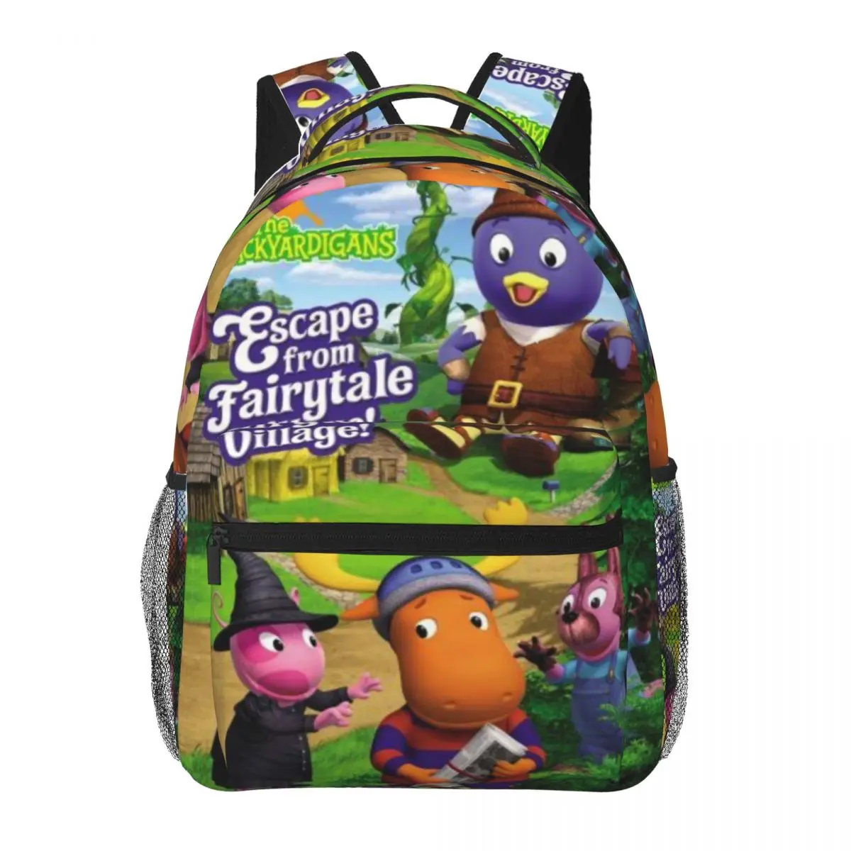 The Backyardigans Kids' Unisex Back to School Backpack, Large Cap. Polyester Full-Print Fairytale Village Escape Cartoon Laptop Daypack, Durable Lightweight Campus Commute Bag for Teens
