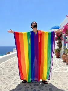 Rainbow Stripe Print Men's Long Robe, Loose Fit Casual Vacation Style, Polyester Fabric, Comfortable Breathable, V-Neck Bohemian Beach Cover-Up, Swimsuit Cover Up, Cover Up Beachwear, Beach Coverups