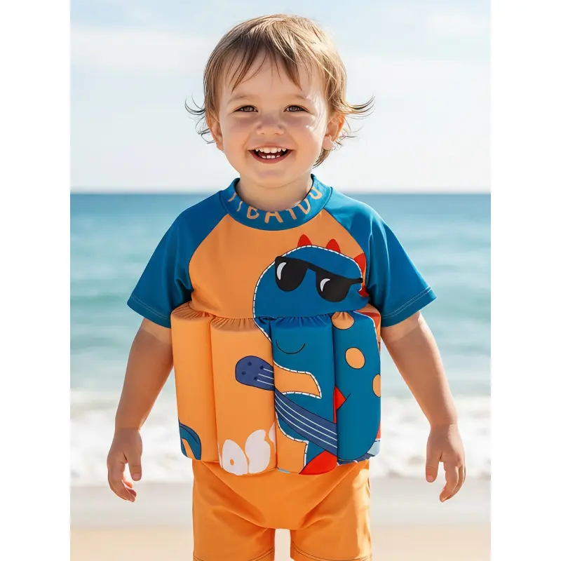 Boys' Short-Sleeve Buoyancy Swimsuit, One-Piece Swimwear with Detachable Buoyancy Sticks and Back Zipper