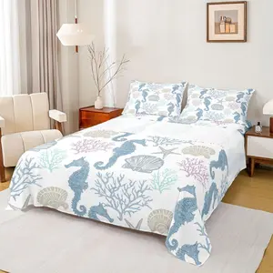 Sea Coastal Bed Sheets,Seahorse Starfish Conch Shells Marine Life Ocean Sheet Set for Boys Girls,Under The Sea Animals Fitted Sheet,Multicolor Sketch Style Beach Theme Bed Set
