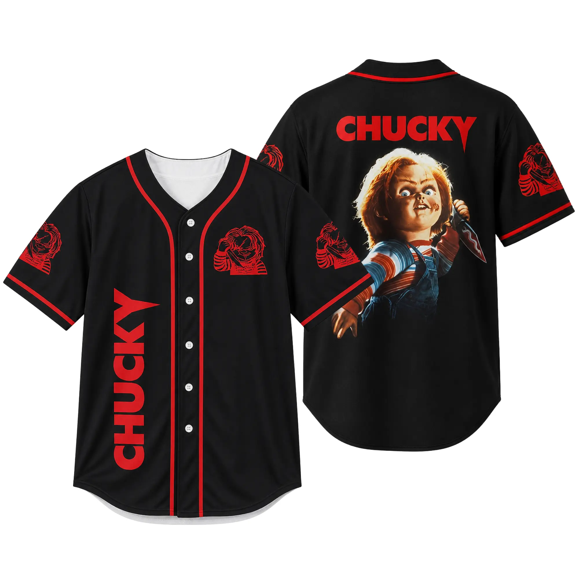Unisex Oversized Polyester Short Sleeve Tops, Chucky Black Baseball Jersey with Red Horror Doll Gothic Print, Breathable Gothic Streetwear Halloween Wear, Baseball Softball, Regular Cut, Unisex Male, Single Jersey