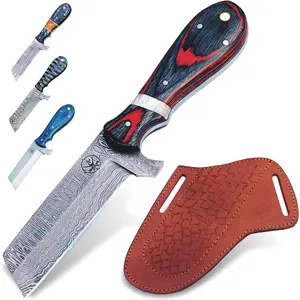 Damascus Steel Knife with Sheath for Belt, 8" Sharp Bull Cutter Knife, EDC Fixed Blade Knife, Full Tang Cowboy Knife with Wooden Handle, Skinning Knife for Outdoor Camping