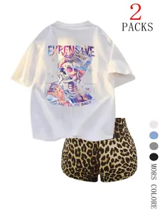 Y2K Cyberpunk 2 Piece Set, Rainbow Skull Girl Print T-Shirt and Leopard Print Shorts, Casual Streetwear for Spring & Fall, Retro Trendy Style for Everyday Wear