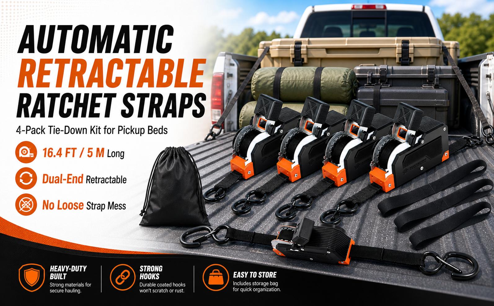 BEASTENERGY Dual-End Retractable Tie-Down Ratcheting Straps, 1 in x 16.4 ft, 1650 lb Break Strength, Adjustable Ratchet Position, Large Locking S Hooks for Motorcycle, ATV, Truck