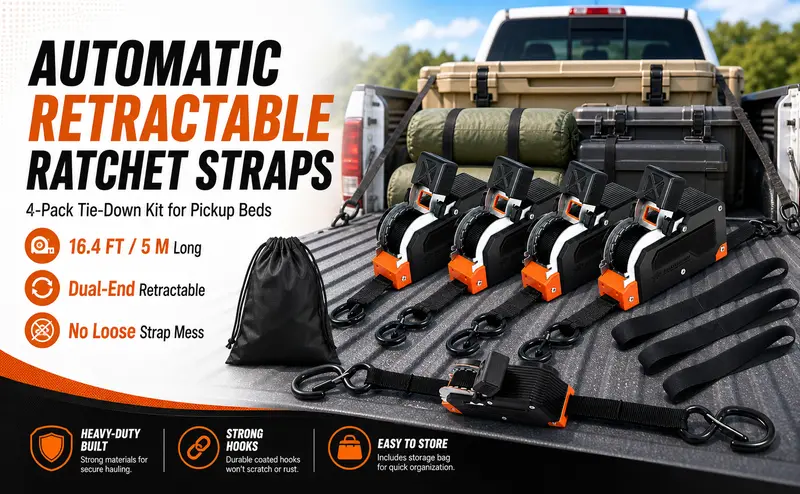 BEASTENERGY Dual-End Retractable Ratchet Straps - Heavy Duty Adjustable Ropes, 1in x 16.4ft Durable Polyester Webbing, 1650LB Tie Downs with Rubber S-Hooks, Fast Setup ATV/Boat Truck Accessories, Ideal Dad Gift