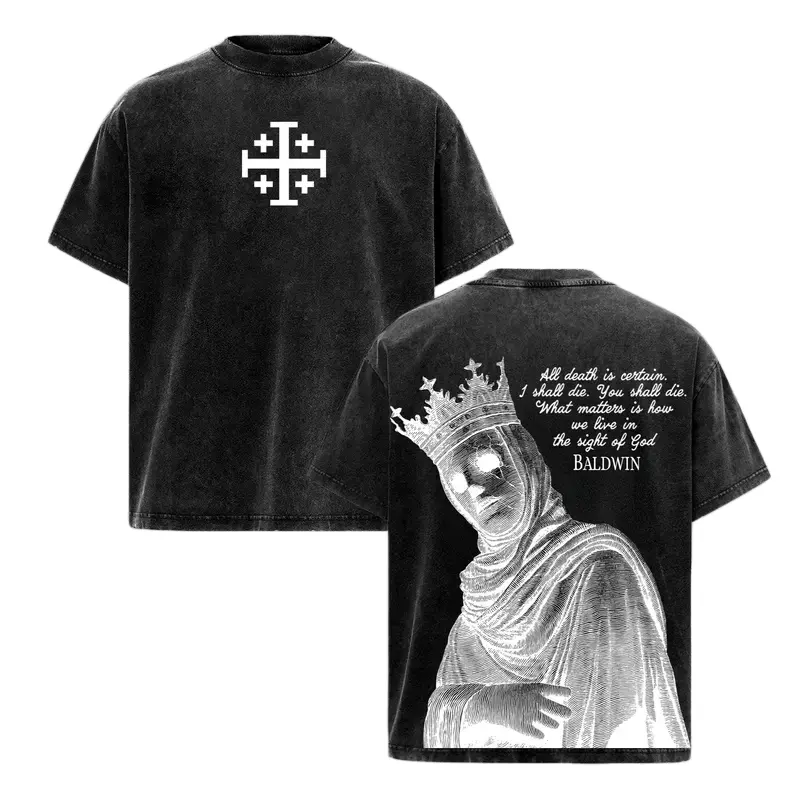 Men's Baldwin IV Leper King Vintage Washed Short-Sleeve Graphic T-Shirt, Medieval Crusader Christian Streetwear with Jerusalem Cross, Menswear Apparel Top