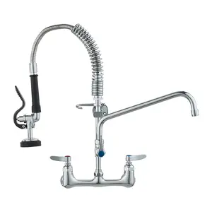 VEVOR Wall-Mounted Brass Kitchen Faucet, 21" Tall, 8" Installation Width, Includes 12" Rotating Spout and Pull-Down Sprayer, Suitable for Single, Double, or Triple Sinks