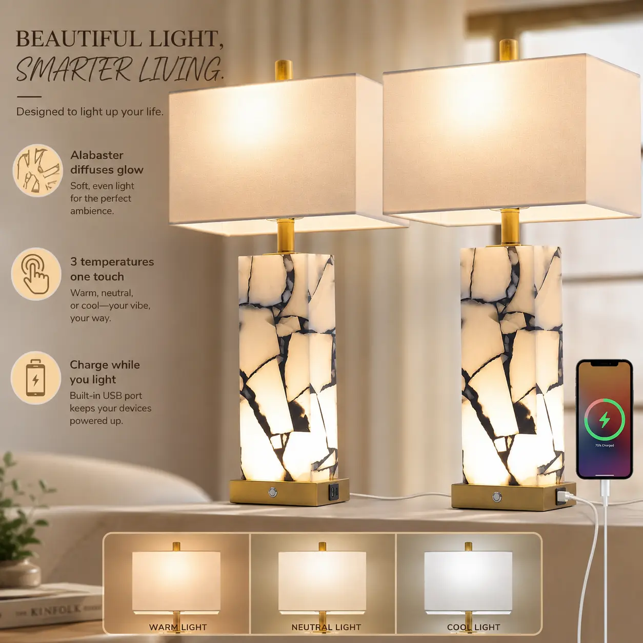 Aesthetic Table Lamp Set (2-Pack, Natural Marble Bases) - Alabaster Indoor Lamps with 3-Color Temperature, Nightlight, USB Ports, Included Bulb for Bedroom Nightstands