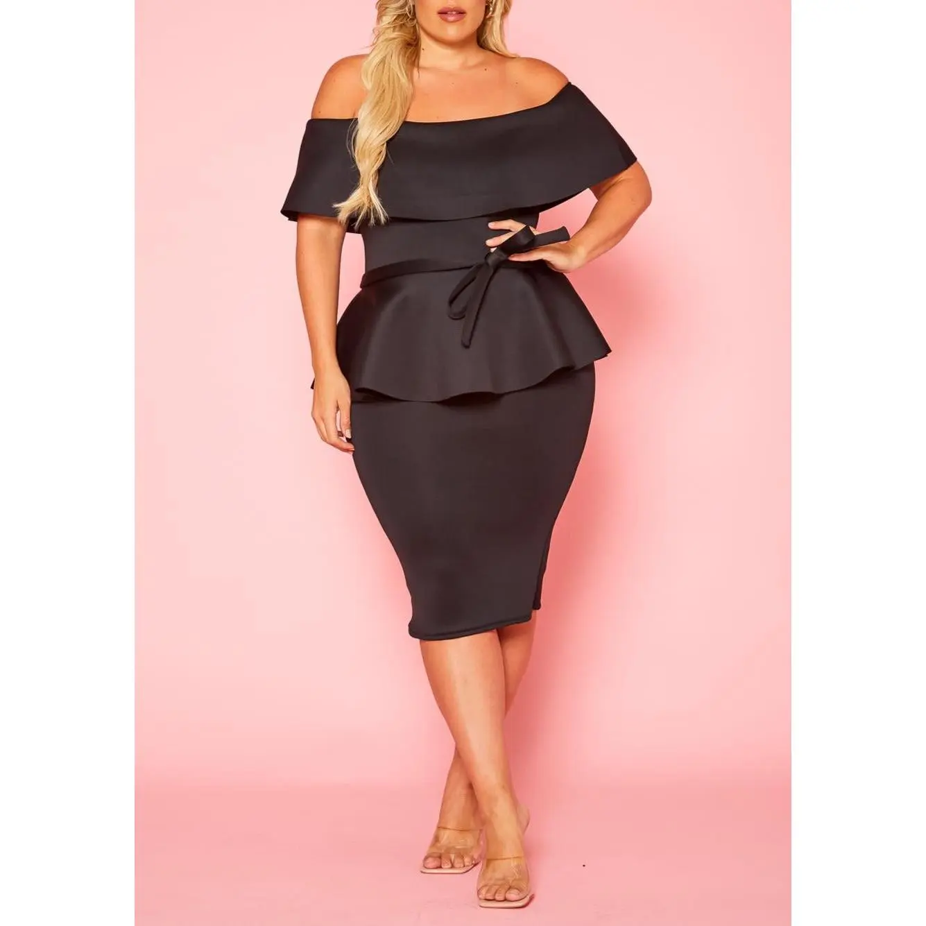 HI Curvy Plus Size Women Off Shoulder Peplum Midi Dress