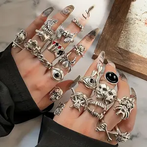 24 pieces gothic ring set fashion clown face demon smile face pattern zinc alloy mix-up daily clothing party accessories perfect halloween decoration cool friends