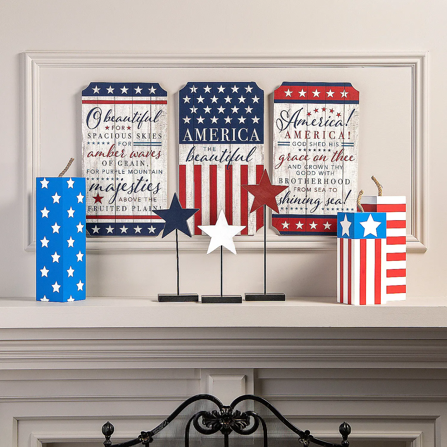 Patriotic Mantle Decor Kit - 9-Pc Festive Home Decor Set with Wooden Signs, Vertical Signs, Star Accents, Ideal for Gifting