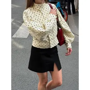 Women’s Polka Dot Stand Collar Short Jacket — Long Sleeve, Patchwork, Contrast Trim, Slim Fit; Casual Street Commuter Outerwear