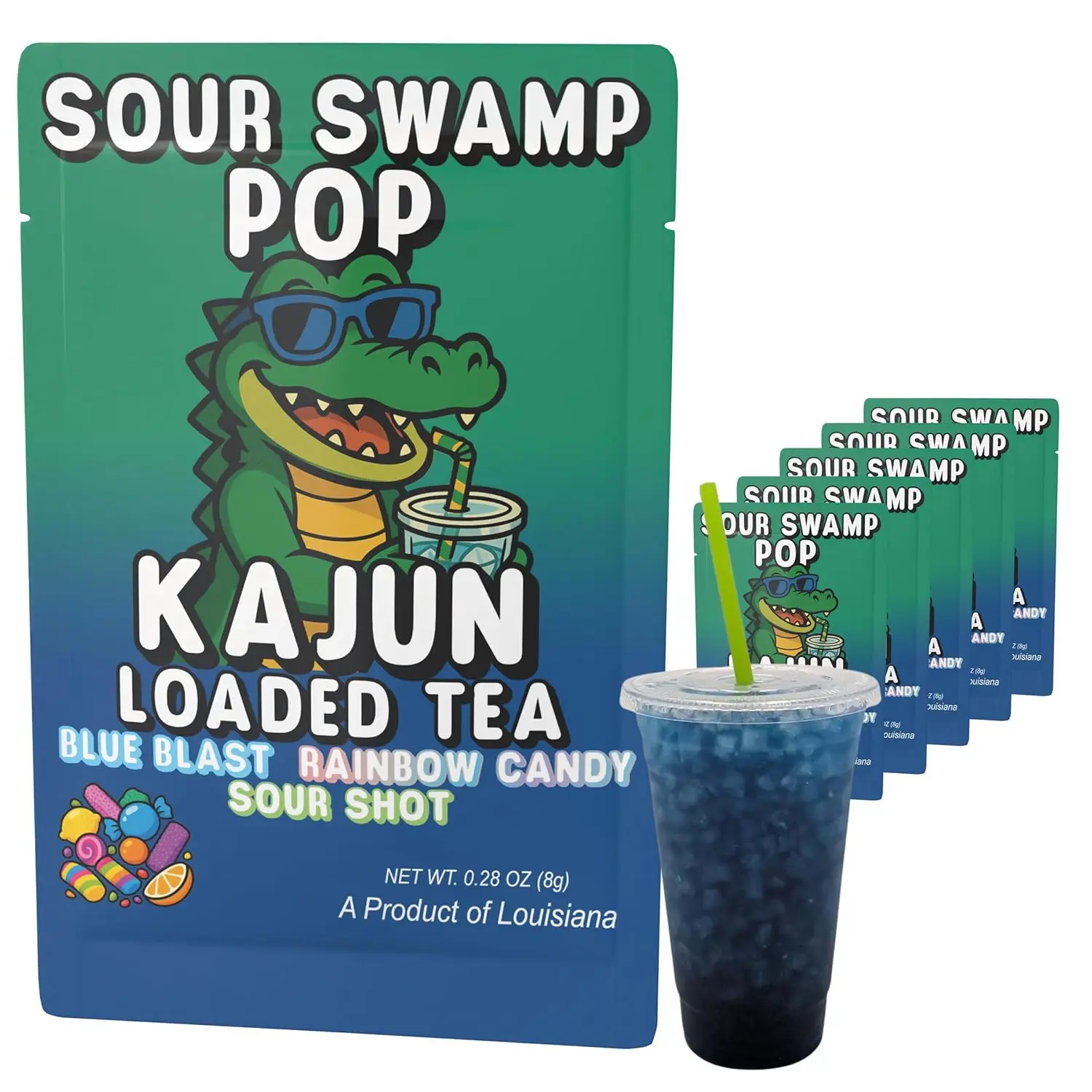 KaJun Loaded Tea Sour Swamp Pop Energy Tea Packets, Blue Blast, Rainbow Candy & Sour Shot Flavor, Sugar Free Powder Drink Mix, 250mg Green Tea Caffeine, Zero Calorie, Keto Friendly, Single-Serve Energy Tea Mix