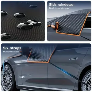 Car windshield cover, magnetic attachment, windproof, portable, dustproof, freezeproof, UV resistant, all-season, full windshield coverage, suitable for most car models.