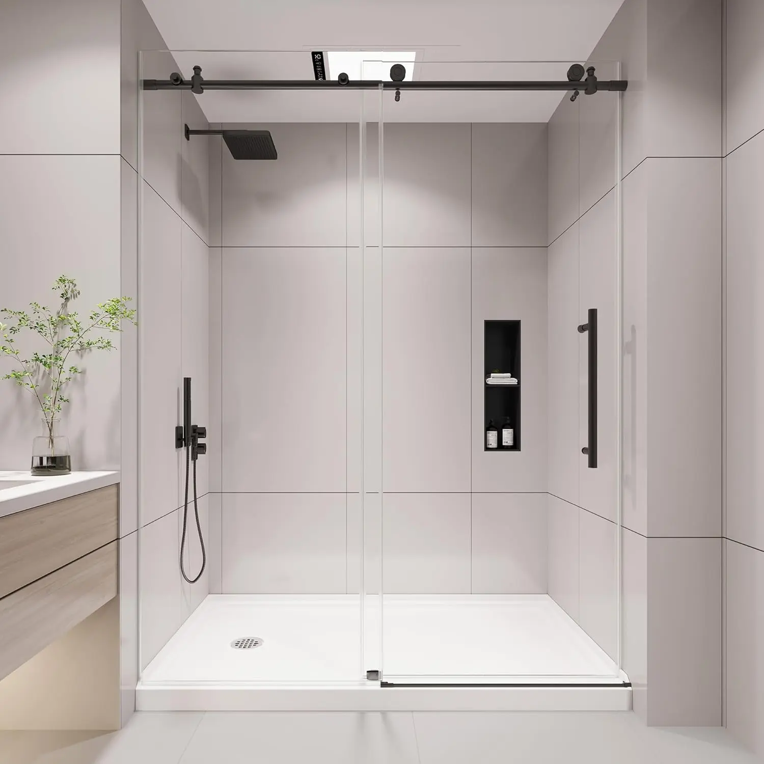KGDEFrameless Shower Door, 55-60" W x 76" H Sliding Glass Shower Door, 1/4" (6mm) Thick Tempered Clear Glass with Explosion-Proof Film Nano Coating, Stainless Steel Hardware, Matte Black