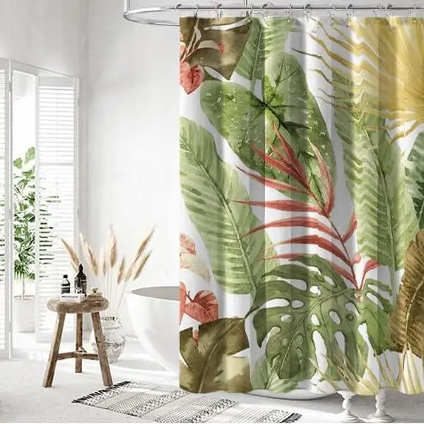 Boho Palm Leaf Print Bathroom Curtain Set, 72"x72" Waterproof Lightweight Weighted Fabric Shower Curtain with 12 Hooks, Botanical Bathroom Decor