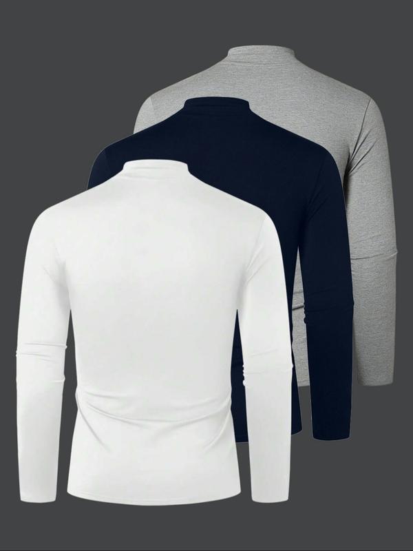 3pcs Men's Solid Color Casual Turtleneck Long Sleeve T-Shirt, Mens Fall And Winter Base Shirt, Men's Spring High Neck Shirt, Men's Summer Half High Neck Shirt, Men'S Casual Top Jacket, Suitable For All Seasons Of Casual Items