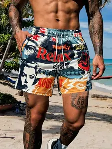 Men's Casual Letter Portrait Print Pattern Shorts, Fitted Design, Perfect for Daily Wear, Fashionable and Comfortable, Holiday Style