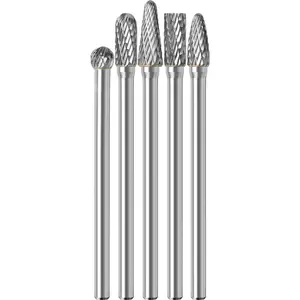 5 count Long Carbide Burr Set 1/4" Shank Total L 4.3"   Bits Rotary Rasp Attachment Cut Port  Metal Cast Iron Steel  Cylinder  Engine  Exhaust Manifold Tight Area
