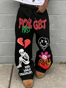Y2K Fun Graffiti Wide Leg Pants with Dark Skull Print, Casual Loose-Fitting Joggers for Men, Fashion All Seasons Comfortable Sweatpants