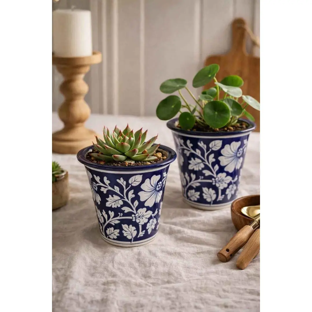 Handcrafted Blue Pottery Planter — Jaipur Hand-Painted