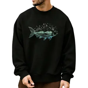 Mountain Nature Scene Fishing Sweatshirt with Unique Fish Shape