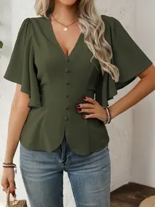 Women's Elegant Chic V Neck Waist Cinch Lightweight Chiffon Blouse Shirt, Summer Ruffled Bell Sleeve Slim Fit Commuter Versatile Short Top Nk-0001-723