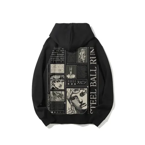 JoJo's Bizarre Adventure: Steel Ball Run SBR, with black and white comic-style panels and text on the back, including "SAINT'S CORPSE" - Long Sleeve Cotton Unisex  Hoodie JJBA anime fashion trending