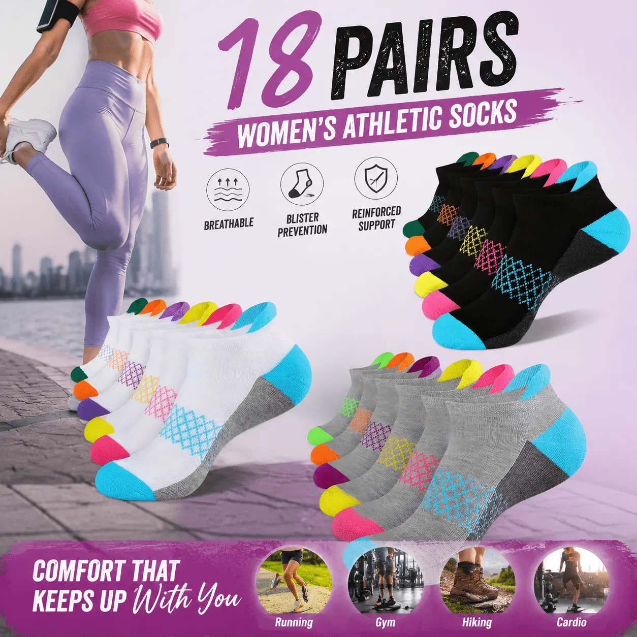 18 Pairs Womens Athletic Socks Blister Prevention Full Foot Cushioning Reinforced Support Snug Fit Breathable Comfortable Soft Stretch Fit Gym Hiking Cardio Training Top Choice Performance Socks
