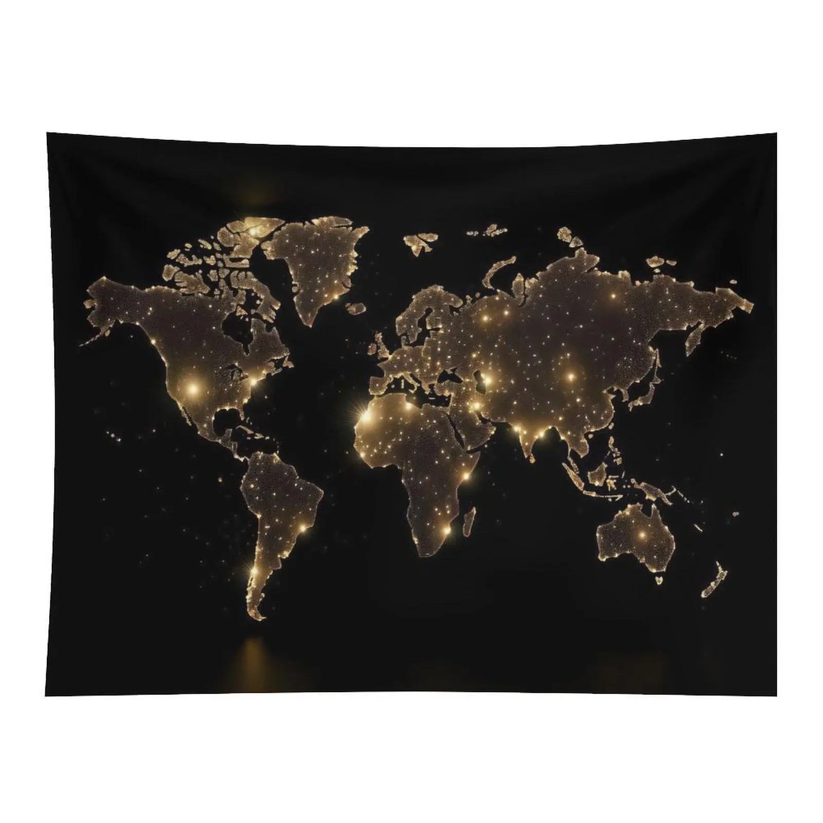 Glitter Golden World Map With Sparkling Lights On Black Background Modern Art Wall Tapestry For Living Room Wall Hanging Decor